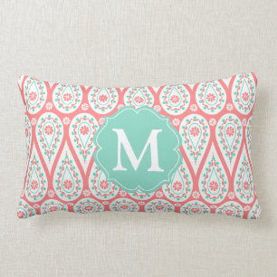 Moderner eleganter Damast korallenrotes Paisley Lendenkissen