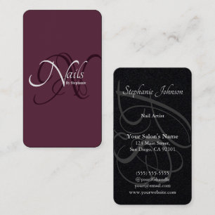 Moderner Eleganter Deep Plum Monogram Nail Artist Visitenkarte