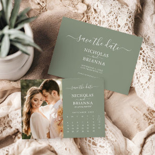 Moderner Eleganter Fotokalender Salbei Grün Hochze Save The Date