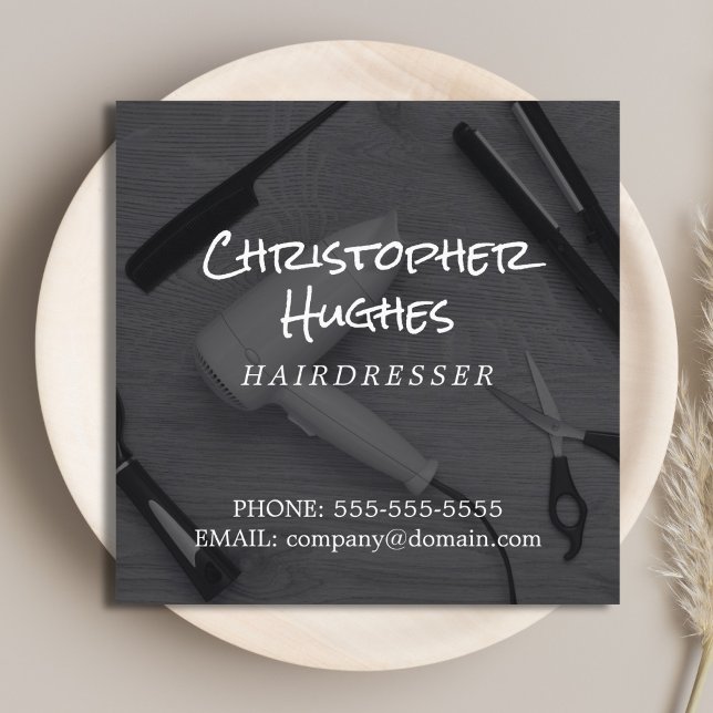 Moderner eleganter Friseur aus Schwarz und Weiß fü Quadratische Visitenkarte (Von Creator hochgeladen)