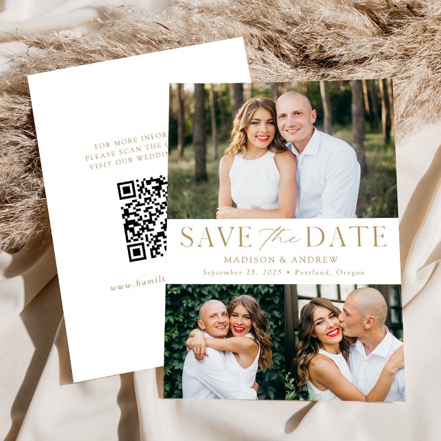 Moderner, eleganter Gold 3 Foto QR Code Save The Date (Von Creator hochgeladen)