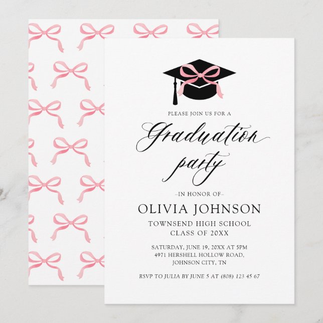 Moderner Eleganter Graduiertenkap Pink Bow Abschlu Einladung (Vorne/Hinten)