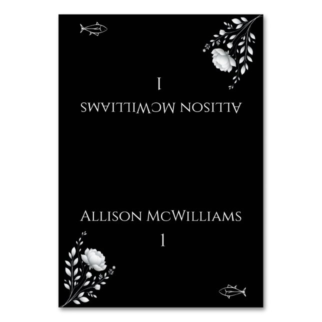 Moderner, eleganter Hochzeitschwarz-Weiß-Fisch Tischnummer (Vorderseite)