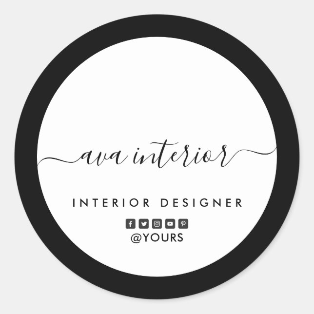 Moderner eleganter Kalligrafiedesigner B&W Social Runder Aufkleber (Vorderseite)