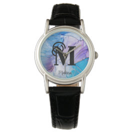 Moderner, eleganter Name Blau und Lila Monogramm Armbanduhr