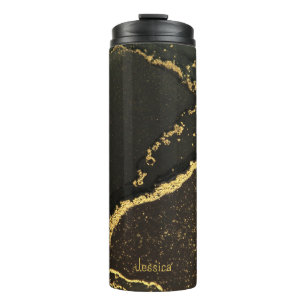 Moderner eleganter Name des Black and Gold Glitzer Thermosbecher