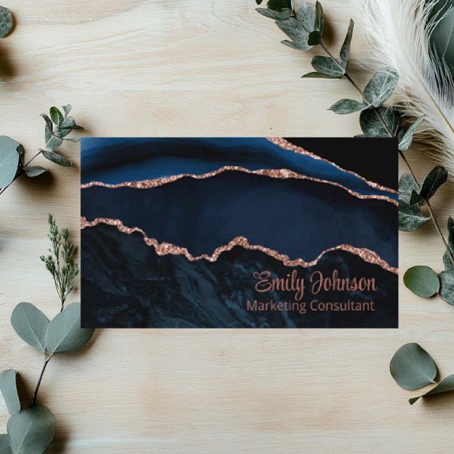Moderner Eleganter Navy Blue Agate Rose Gold Glitz Visitenkarte (Von Creator hochgeladen)