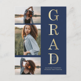 Moderner Eleganter Navy Blue Gold 3 Foto Abschluss Postkarte