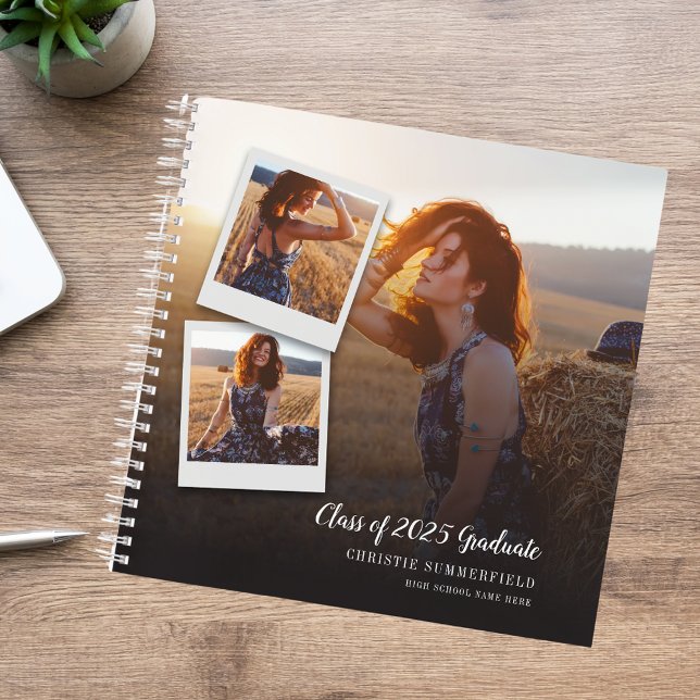 Moderner Eleganter Navy Script Foto Abschluss Gues Notizbuch (Modern Elegant Navy Script Photo Graduation Guest Notebook)