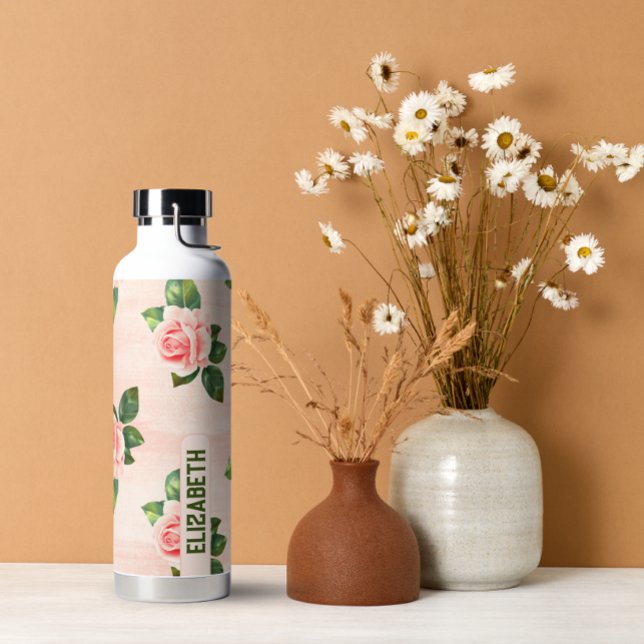 Moderner eleganter Personalisierter Name Rosa Rose Trinkflasche (modern personalize name water bottle)