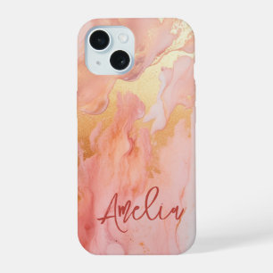 Moderner eleganter Pfirsichgoldmarmorname Personal iPhone 15 Hülle
