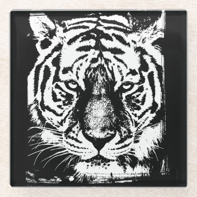 Moderner Eleganter Pop Art Tiger Federführung Vorl Glasuntersetzer (Vorderseite)