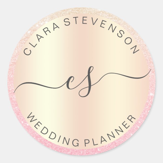 Moderner, eleganter Rose Gold Glitzer Hochzeitspla Runder Aufkleber (Vorderseite)
