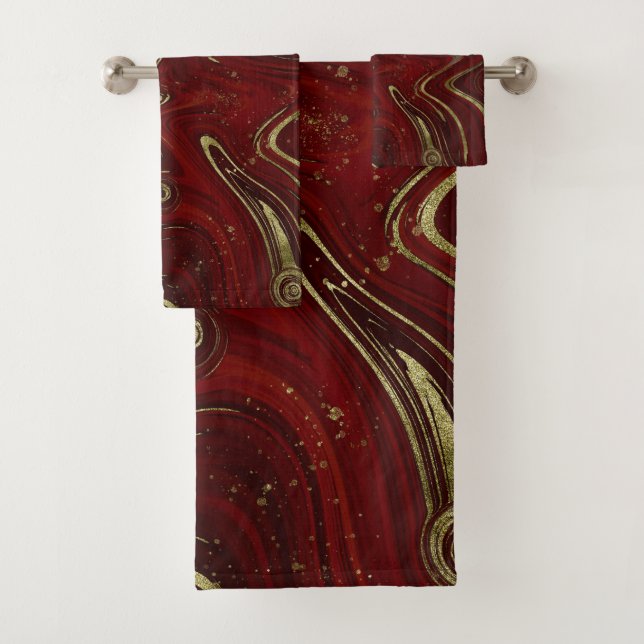 Moderner Eleganter Rot-Gold-Marmor-Swirl Badhandtuch Set (Insitu)