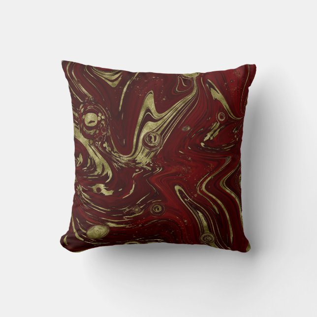 Moderner eleganter Rot- und Goldmarmor Swirl Kissen (Vorderseite)