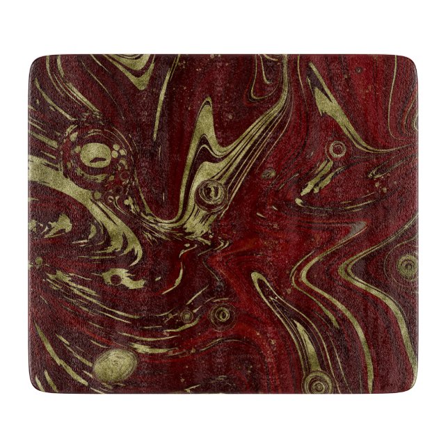 Moderner eleganter Rot- und Goldmarmor Swirl Schneidebrett (Vorderseite)