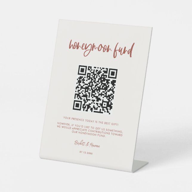 Moderner, eleganter Schneerosa-Honeymoon-Fonds QR- Sockelschild (Vorderseite)