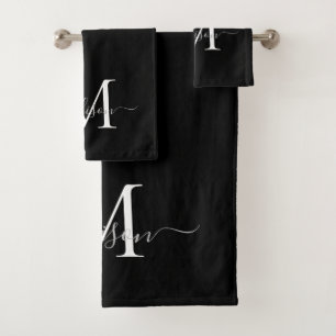 Moderner eleganter Schwarz-weißer Name für Monogra Badhandtuch Set