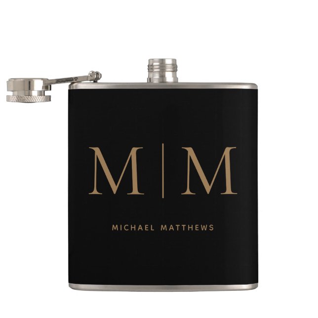 Moderner, eleganter Schwarzer Gold Mit Monogramm E Flachmann (Geöffnet)