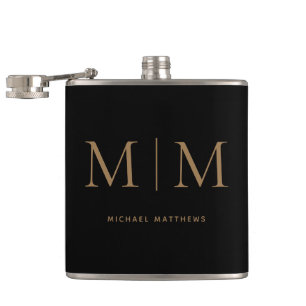 Moderner eleganter Schwarzer Gold Mit Monogramm Er Flachmann