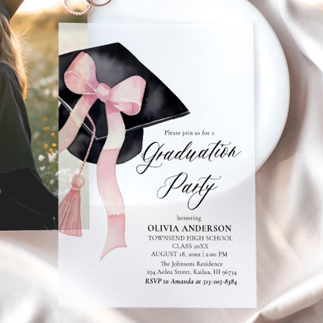 Moderner Eleganter Trendy Stilvoll Pink Bow Abschl (Modern Elegant Trendy Stylish Pink Bow Graduation Vellum Invitations)