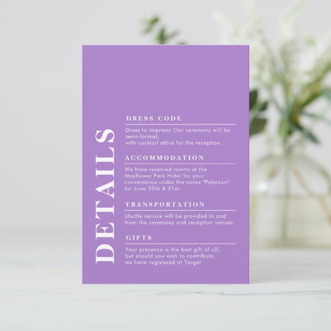 Moderner Eleganter Wedding Details Lavender Begleitkarte (Stehend Vorderseite)