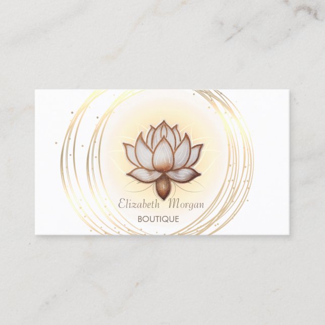 Moderner eleganter weißer, goldbrauner Lotus Visitenkarte (Vorderseite)