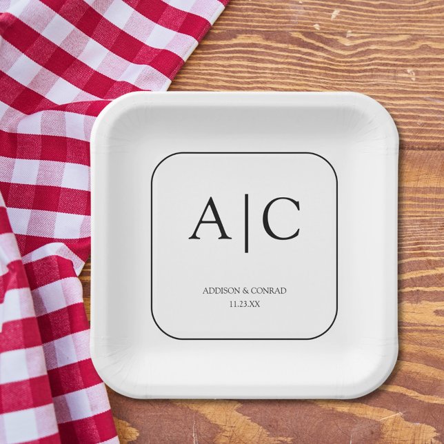 Moderner, eleganter weißer Mongram-Hochzeitsplatz Pappteller (Von Creator hochgeladen)