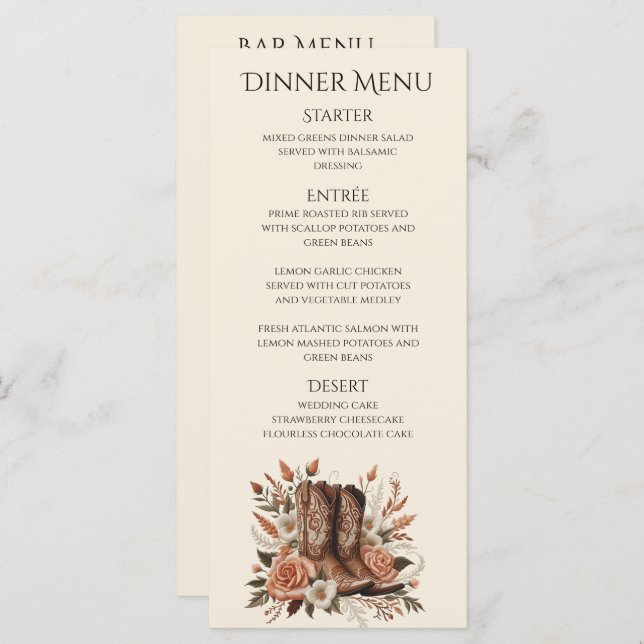 Moderner Eleganter Western - Blume Menükarte (Vorne/Hinten)