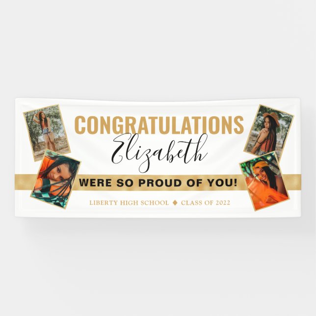 Moderner, eleganter White Gold Foto Collage Abschl Banner (Horizontal)