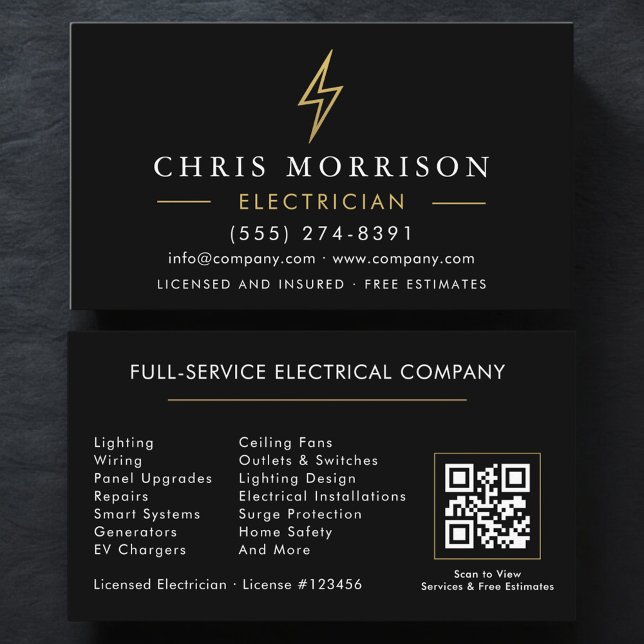 Moderner Elektriker QR-Code Schwarz Gold Minimal Visitenkarte (Von Creator hochgeladen)