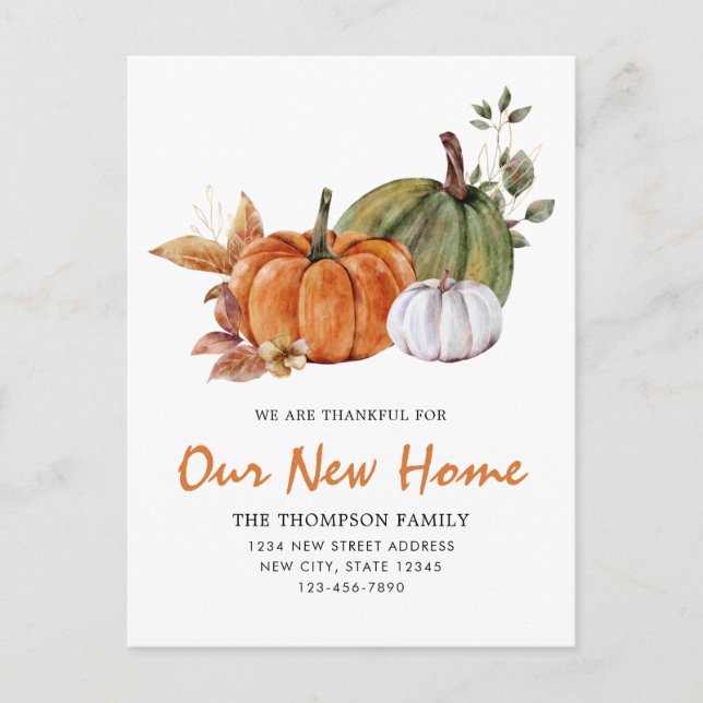 Moderner Erntedank Unsere neue Zuhause Pumpkin Mov Ankündigungspostkarte (Vorderseite)