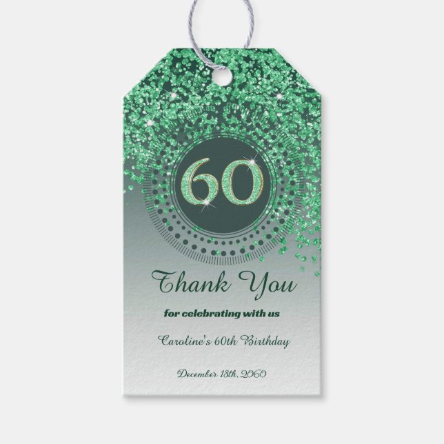 Moderner Falling Green Glitzer 60. Geburtstag Geschenkanhänger (Vorderseite)