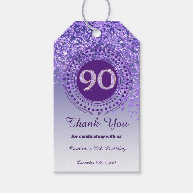 Moderner Falling Lila Glitzer 90. Geburtstag Geschenkanhänger (Vorderseite)