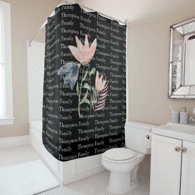 Moderner Familienname l Floral l Black and White Duschvorhang (Beispiel)