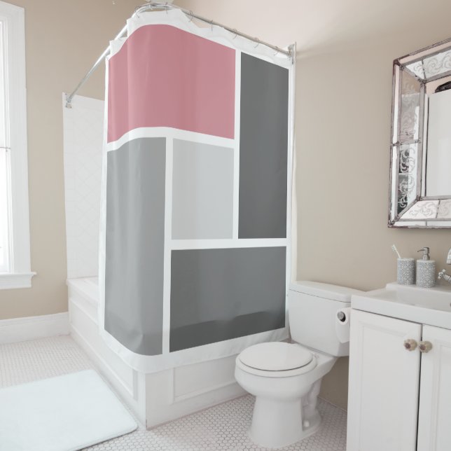 Moderner Farbblock Mosaik Dusty Pink Grau Weiß Duschvorhang (Beispiel)