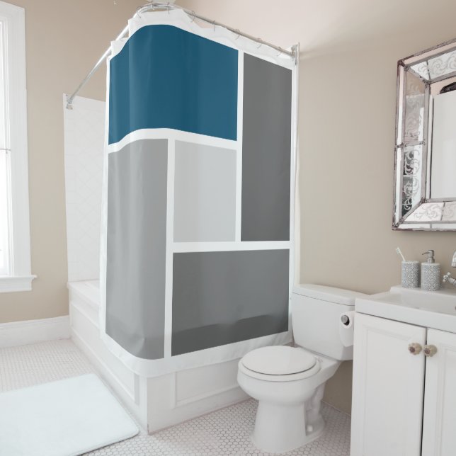 Moderner Farbblock Mosaik Ozean Blau Weiß Duschvorhang (Beispiel)