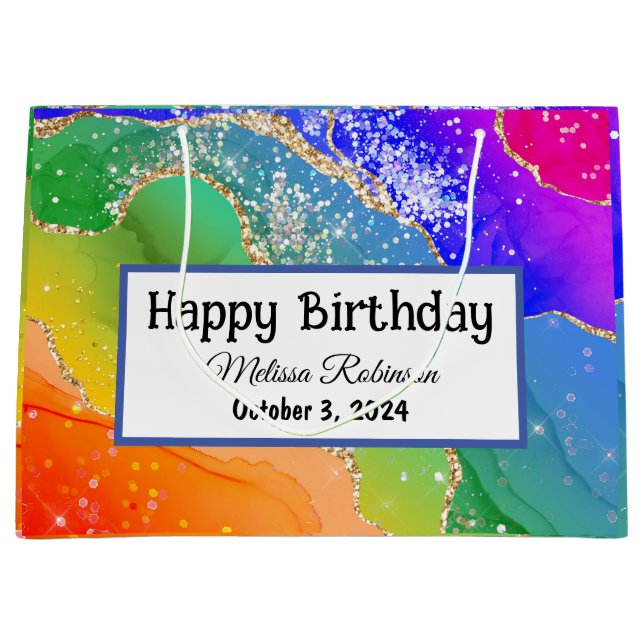 Moderner, farbenfroher Regenbogen-Glitzer Geburtst Große Geschenktüte (Vorderseite)