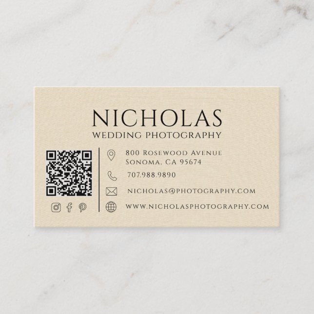 Moderner Faux-Linen-Hochzeitsfotograf QR-Code Visitenkarte (Vorderseite)