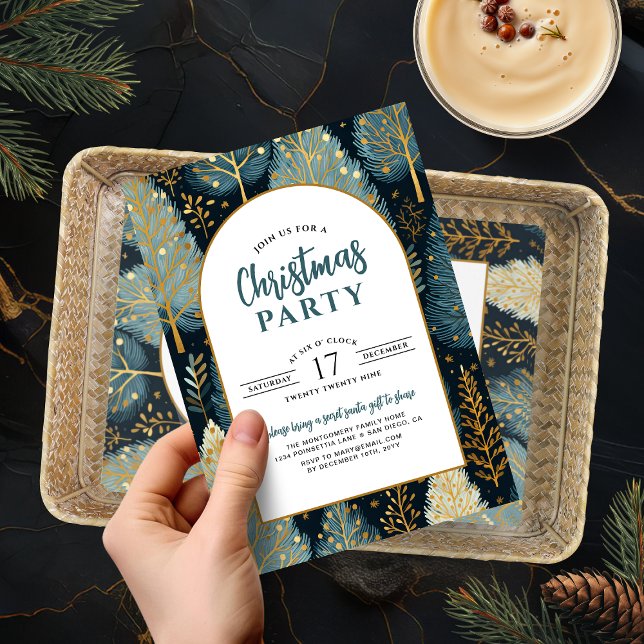 Moderner Festtagswald Gewohntes Weihnachtsfest Par Einladung (Modern Arch Holiday Forest Custom Christmas Party Invitation)