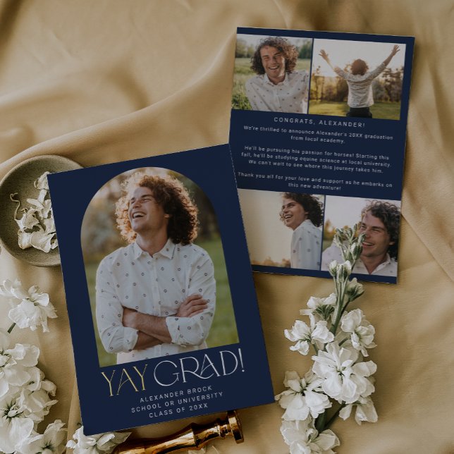 Moderner Fete Foil Navy Yay Grad Foto Abschluss Folieneinladung (Von Creator hochgeladen)