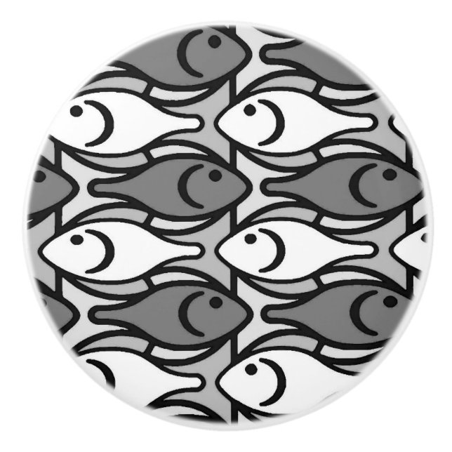 Moderner Fisch, grau, weiß und schwarz Keramikknauf (Vorderseite)