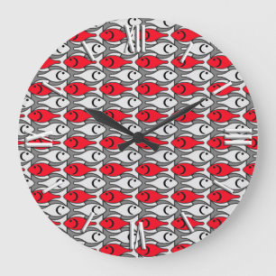 Moderner Fisch, rot und grau / grau Große Wanduhr