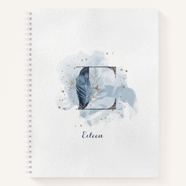 Moderner floraler Monogram Letter E Blue Gold Notizbuch (Vorderseite)