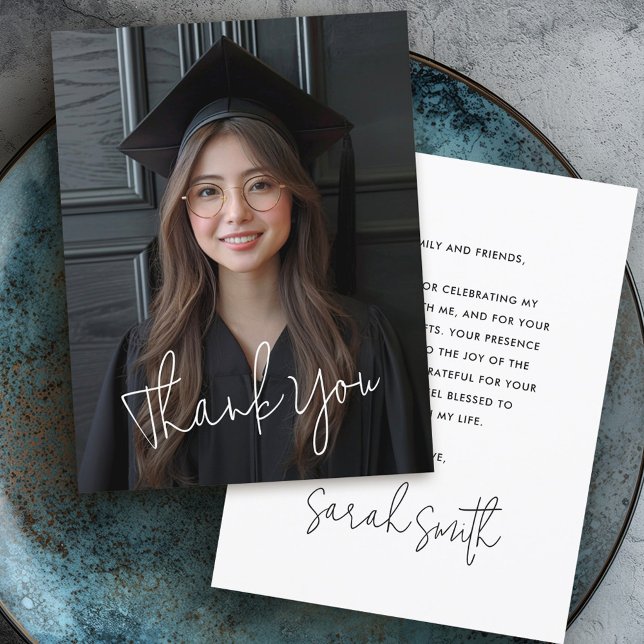 Moderner Foto-Abschluss Dankeskarte (Modern script simple photo white graduation thank you card)