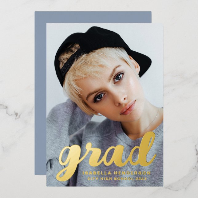 Moderner Foto Abschluss Dusty Blue Gold Folieneinladung (Vorderseite/Rückseite)