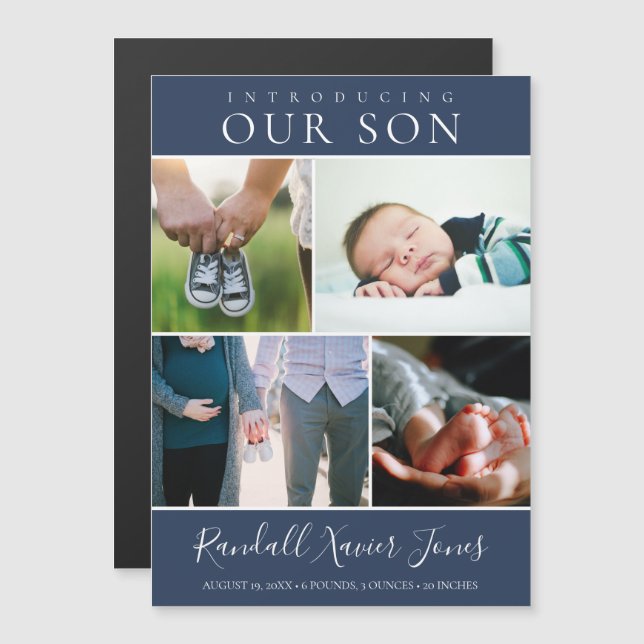 Moderner Foto Collage Baby Boy Magneteinladung (Vorne/Hinten)