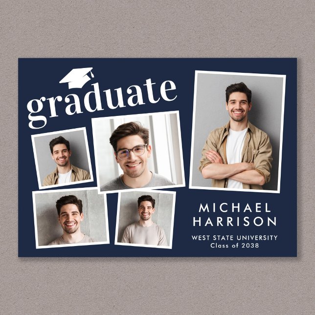Moderner Foto Collage Blue Abschluss Ankündigung (Cherish the milestone: share your graduate's achievement with a custom photo graduation announcement)