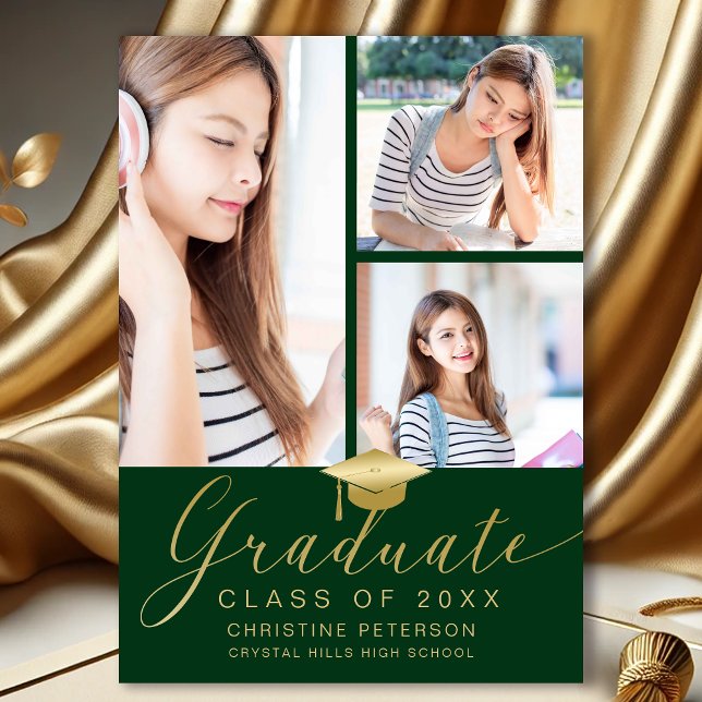 Moderner Foto Collage Gold Script Green Abschluss Ankündigung (Modern Photo Collage Green and Gold Graduation Announcement)