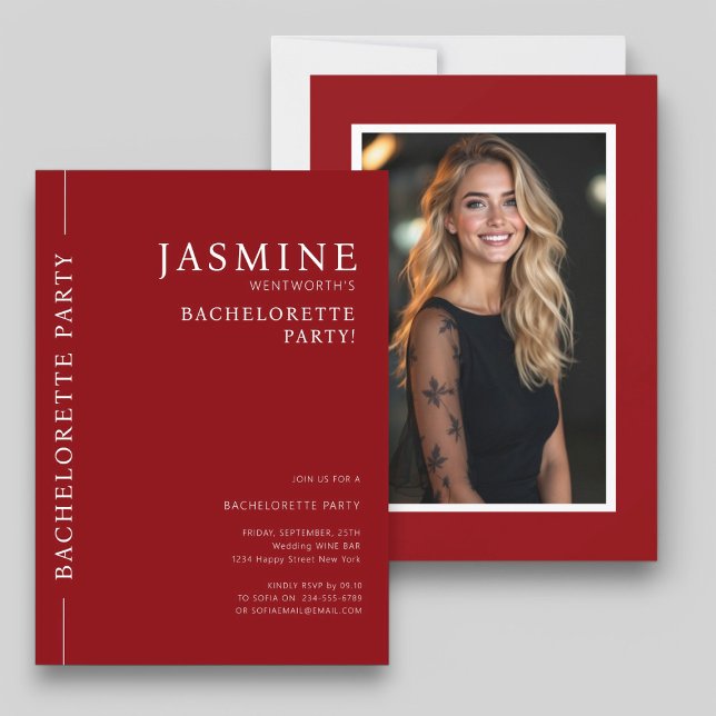 Moderner Foto Junggeselinnen-Abschied Einladung (modern clean typography bachelorette party invitation in red and white )